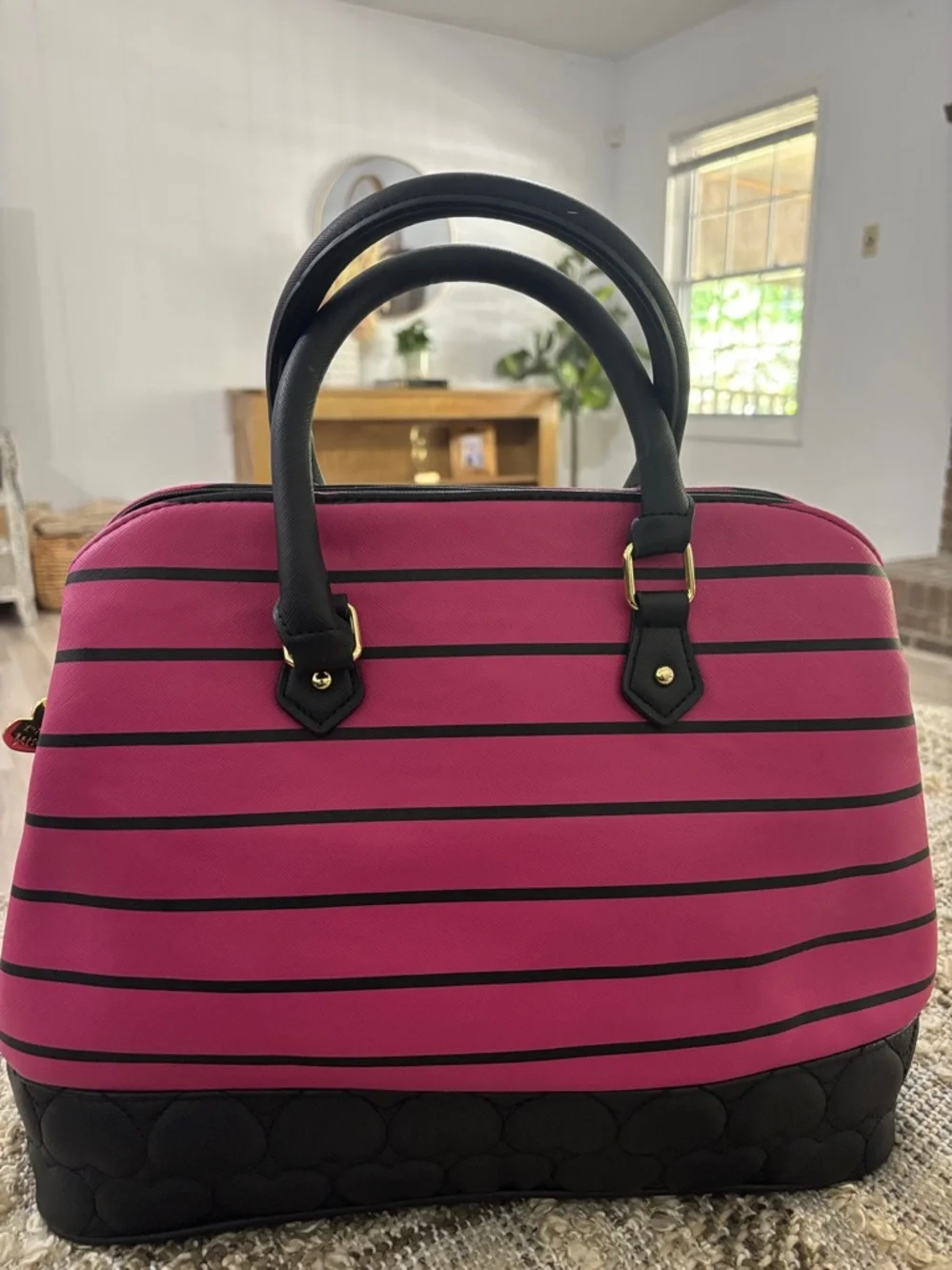 Betsey Johnson Pink and Black Striped‎ Satchel with Bow Charm Shoulder Bag NWOT